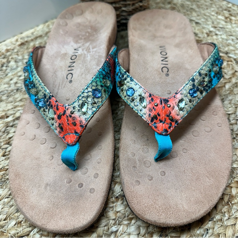VIONIC Lucia Toe Post Women's Multi Teal Snake Rhinestone Sandals Size 10